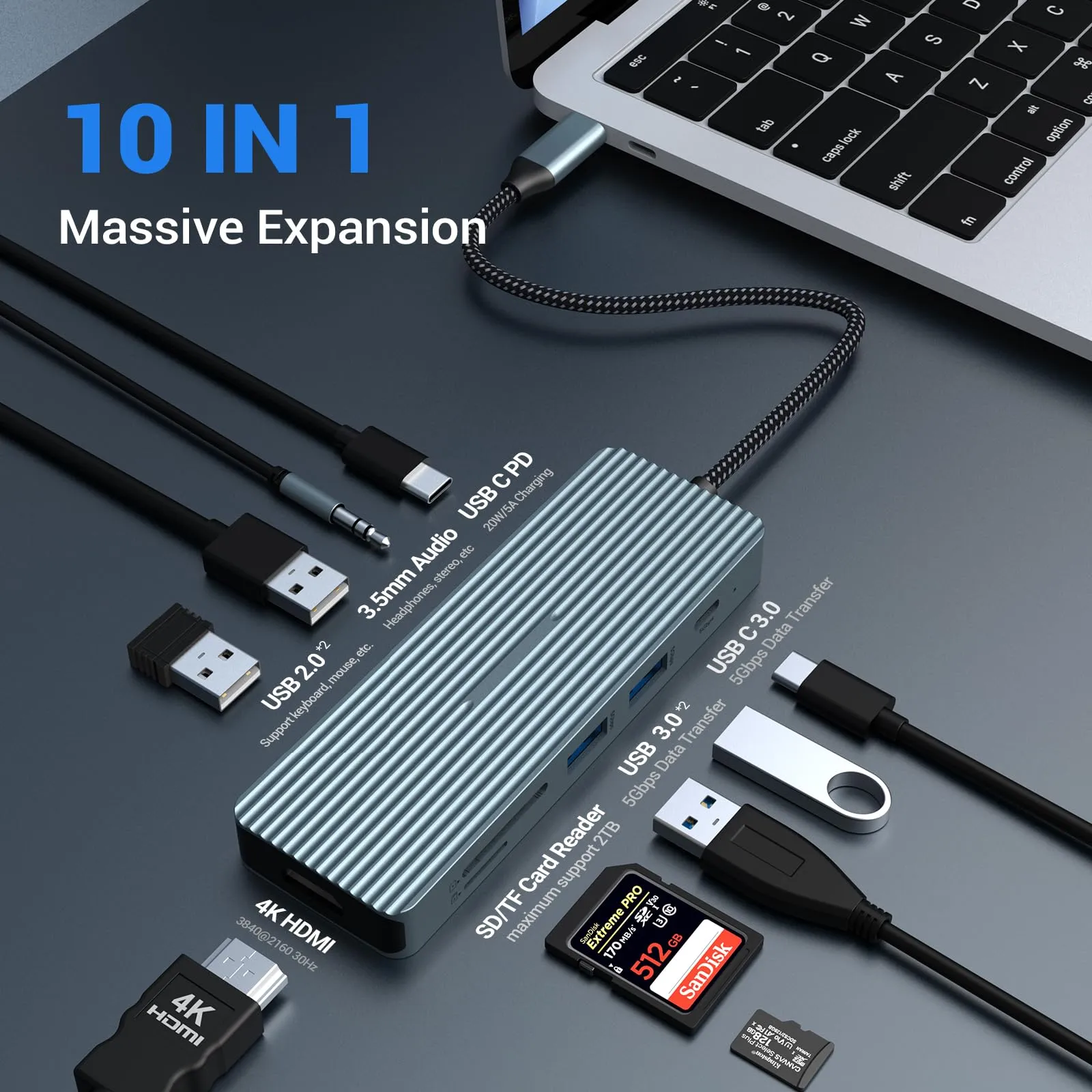 10 in 1 USB C Hub, Tymyp Adapter Hub with 4K HDMI, 2 x USB 3.0, USB-C 3.0 Data Transfer, 2 x USB 2.0, 100W PD, SD/TF, 3.5mm Audio Jack for Laptops, iPad