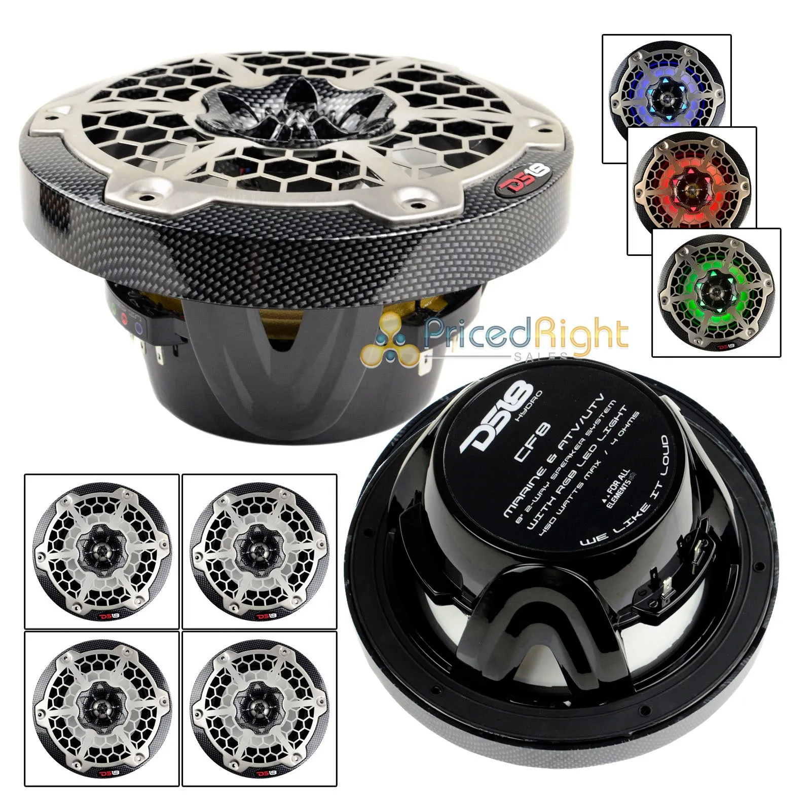 2 Pair (4) DS18 8" 2-Way Speakers CF8 Marine Hydro ATV RGB LED Lights 400 Watts
