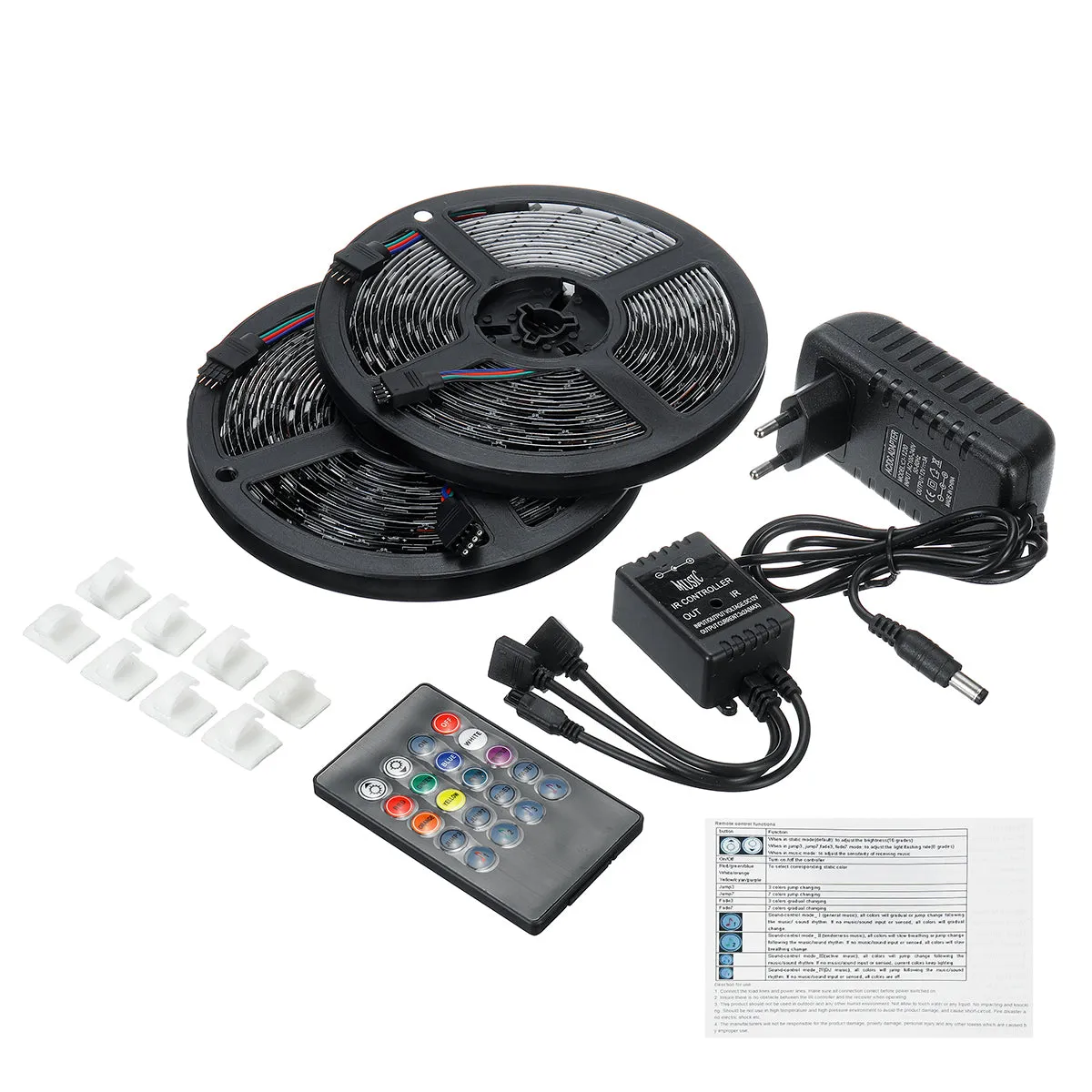 2*5M LED Strip Light Waterproof Outdoor DC12V 5050 RGB Music Lamp IR Remote Control  3A EU US Plug