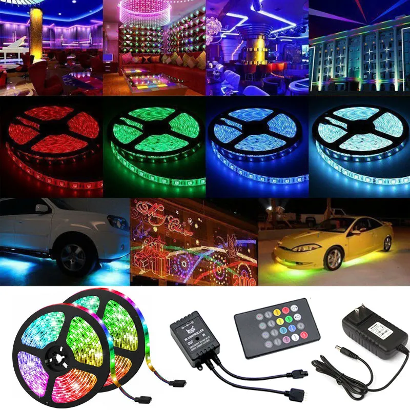 2*5M LED Strip Light Waterproof Outdoor DC12V 5050 RGB Music Lamp IR Remote Control  3A EU US Plug