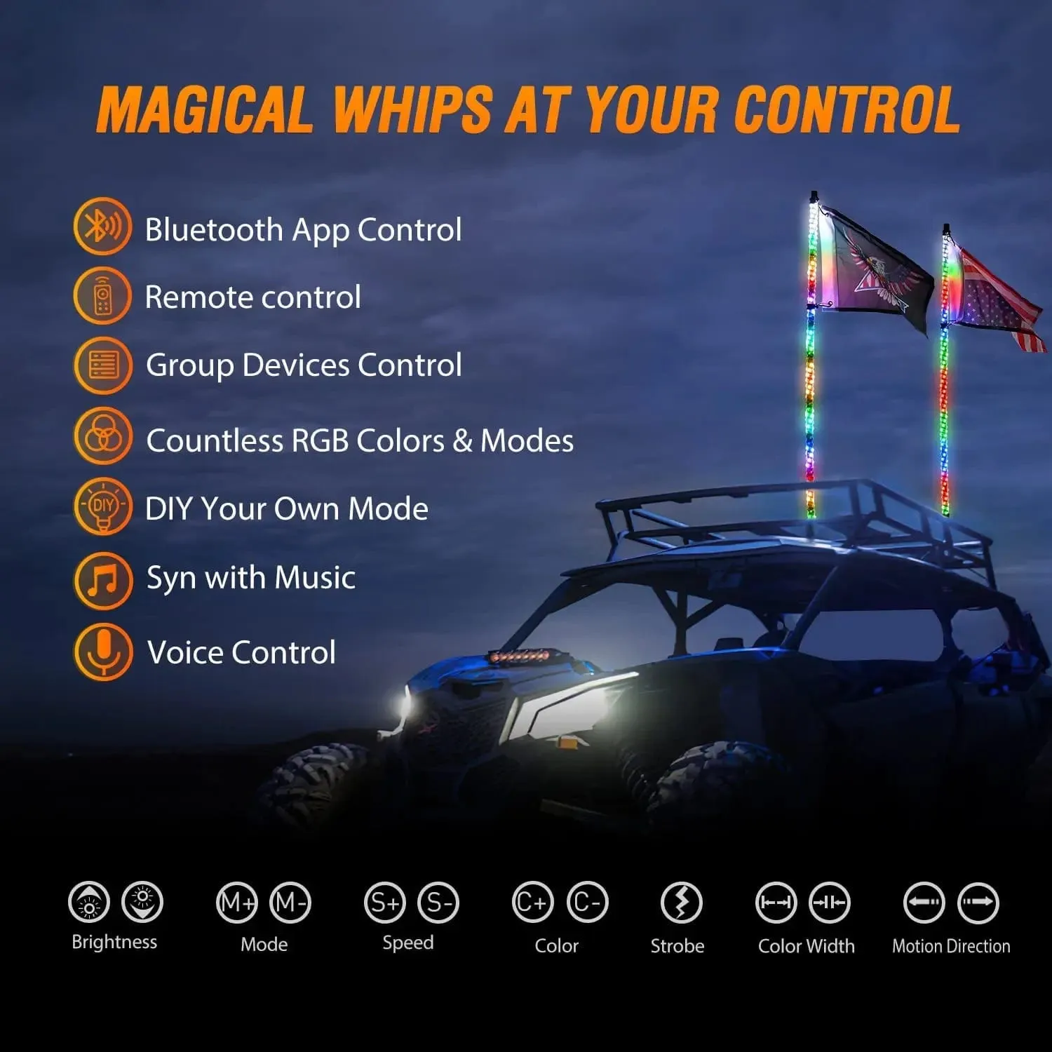 2Pcs 5FT Spiral Antenna Bluetooth Remote App Control Led Whip Light | 10FT Wire 5Pin Switch
