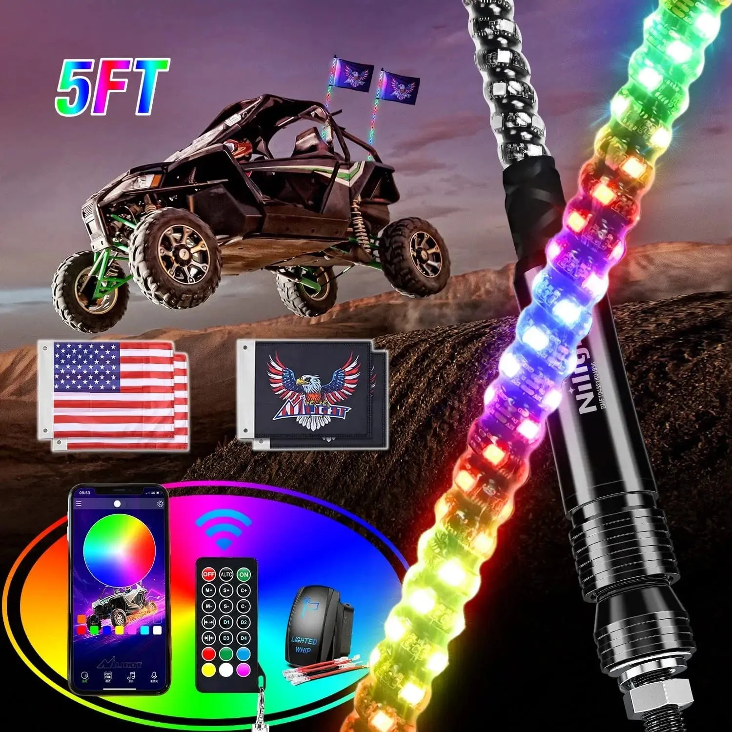 2Pcs 5FT Spiral Antenna Bluetooth Remote App Control Led Whip Light | 10FT Wire 5Pin Switch