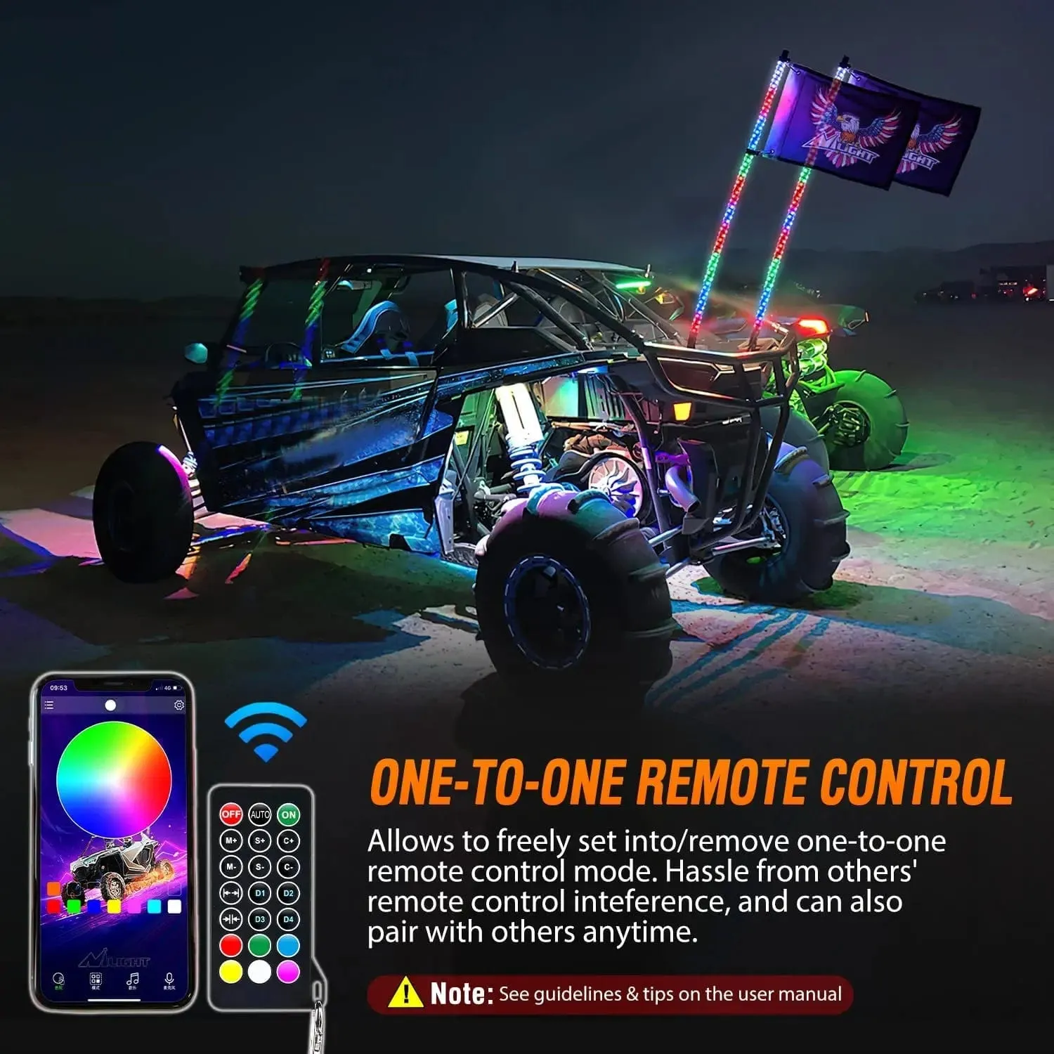 2Pcs 5FT Spiral Antenna Bluetooth Remote App Control Led Whip Light | 10FT Wire 5Pin Switch