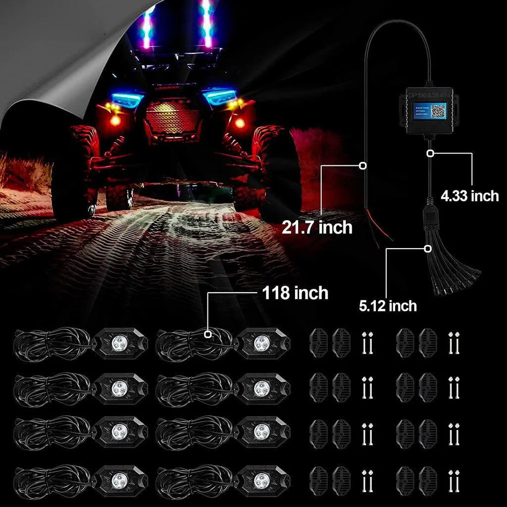 4FT RGB LED Whip Lights & RGB LED Rock Lights Set with Bluetooth Controlled