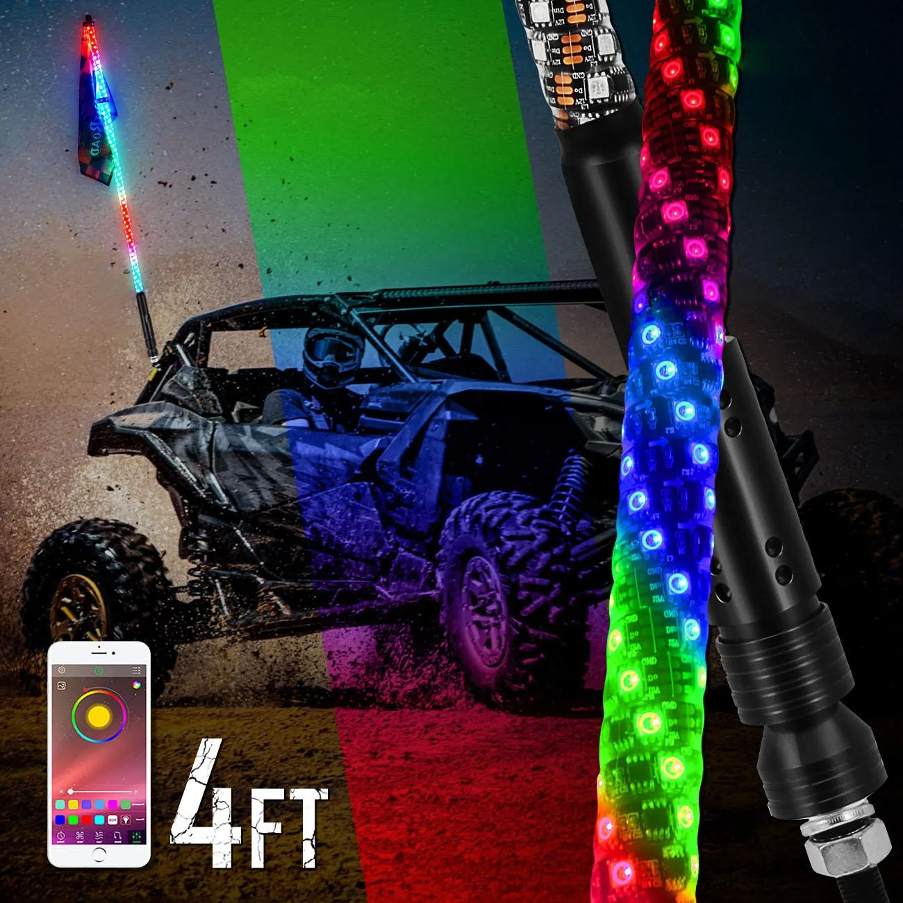 4FT RGB LED Whip Lights & RGB LED Rock Lights Set with Bluetooth Controlled