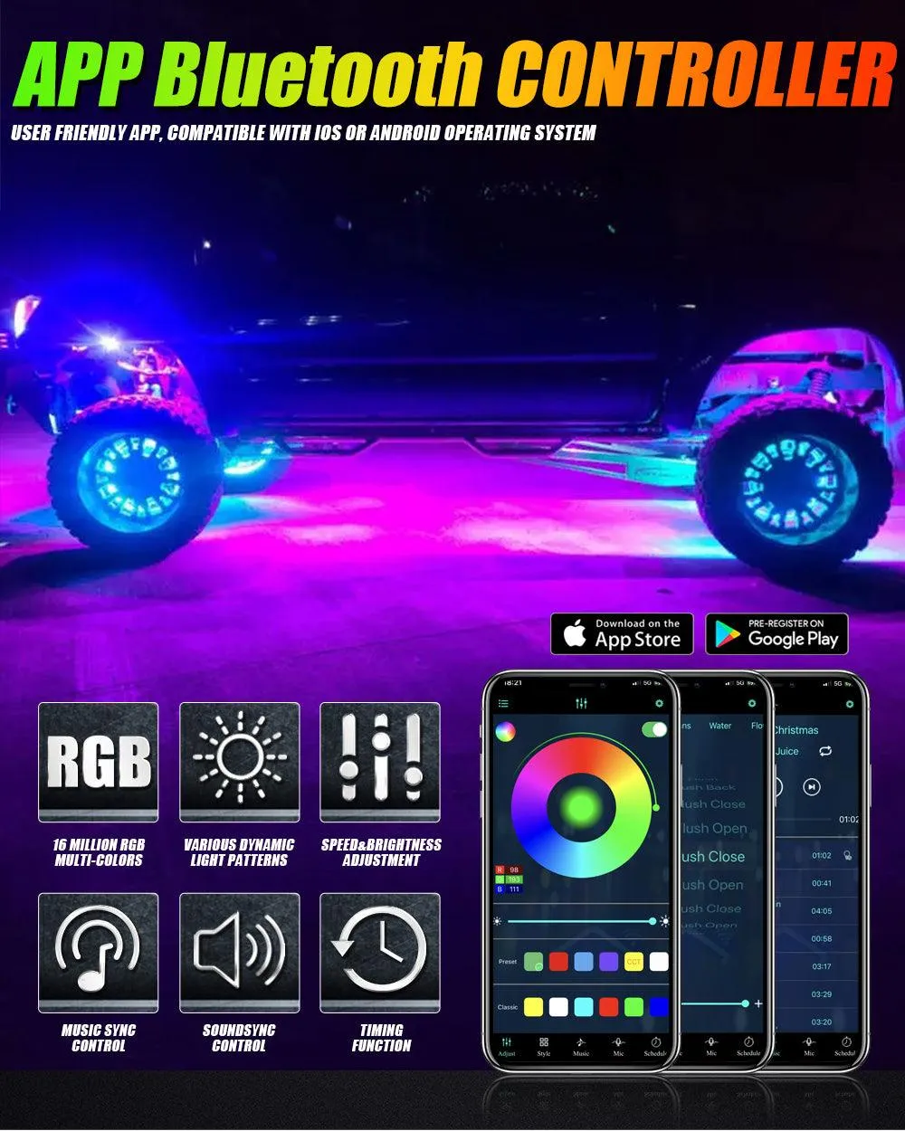 (4pcs/set) 15.5" RGB LED Wheel Ring Lights Magic Dream Color Neon Rim Light with APP & RF Remote Control