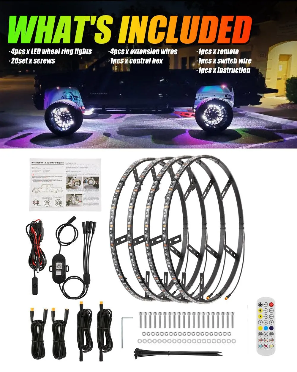 (4pcs/set) 15.5" RGB LED Wheel Ring Lights Magic Dream Color Neon Rim Light with APP & RF Remote Control
