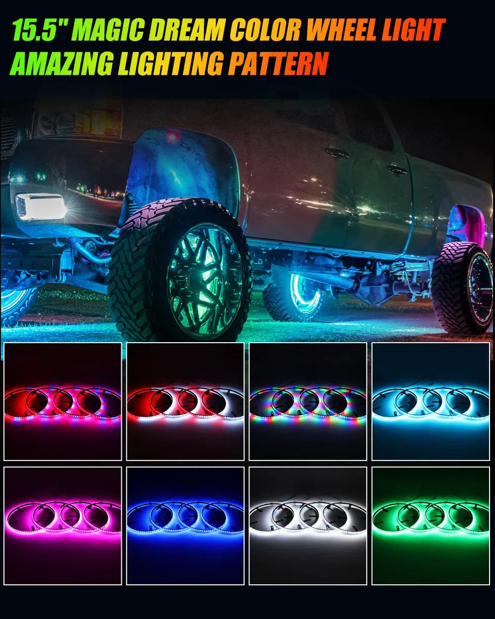 (4pcs/set) 15.5" RGB LED Wheel Ring Lights Magic Dream Color Neon Rim Light with APP & RF Remote Control