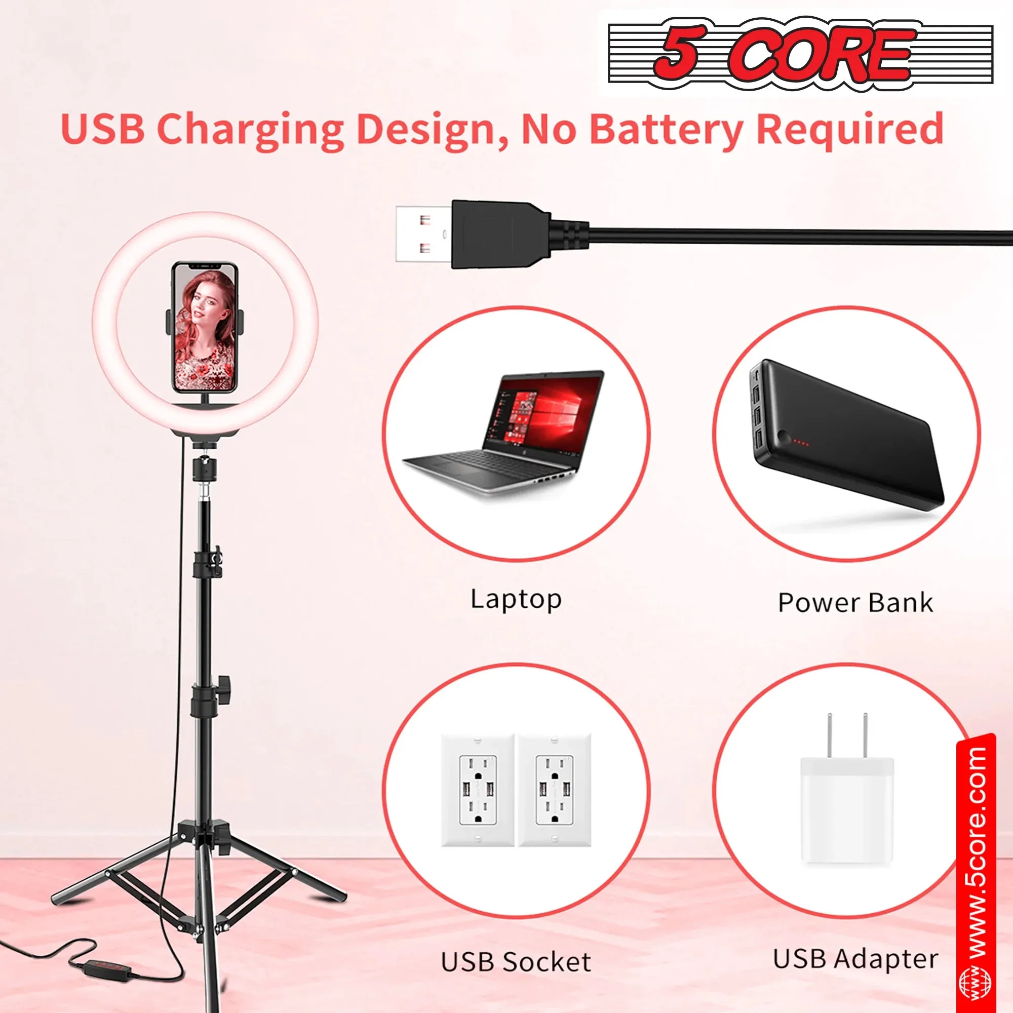 5 Core 10" Selfie Ring Light Stand • with 43" Adjustable Tripod Stand & Phone Holder • 3 Color Mode