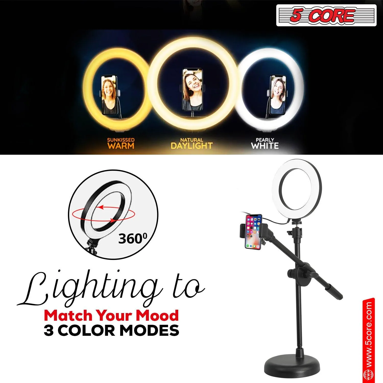 5 Core 6'' Ring Light Overhead Phone Mount for Video Recording and Live Streaming