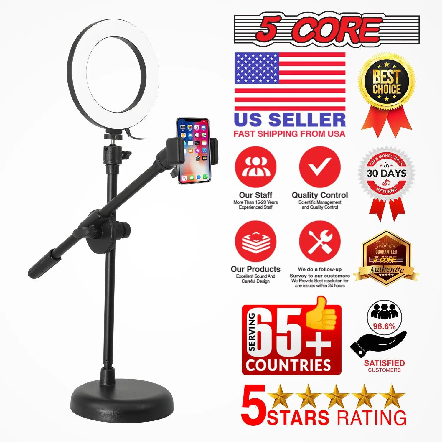 5 Core 6'' Ring Light Overhead Phone Mount for Video Recording and Live Streaming