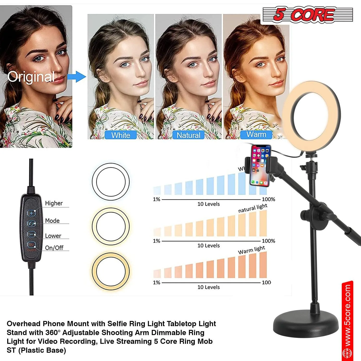 5 Core 6'' Ring Light Overhead Phone Mount for Video Recording and Live Streaming