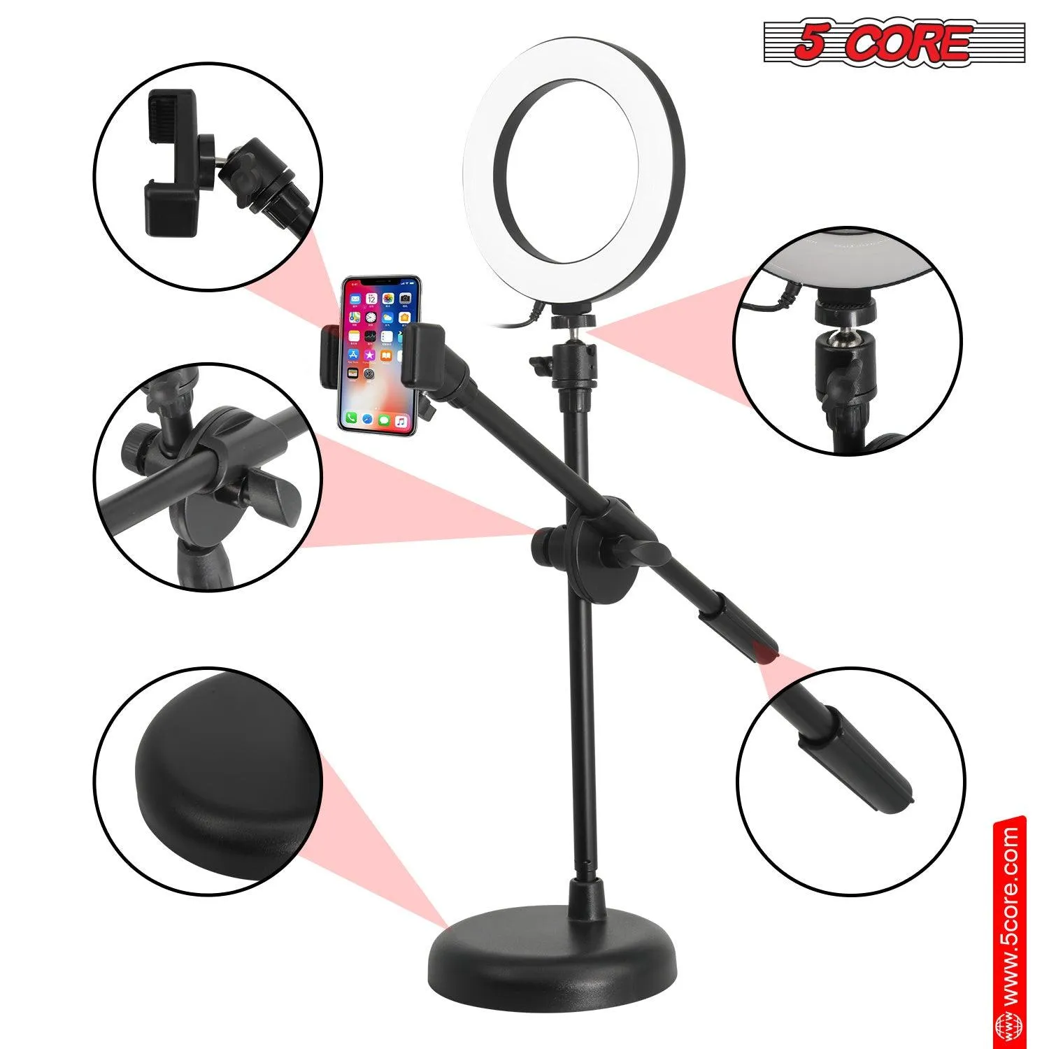 5 Core 6'' Ring Light Overhead Phone Mount for Video Recording and Live Streaming