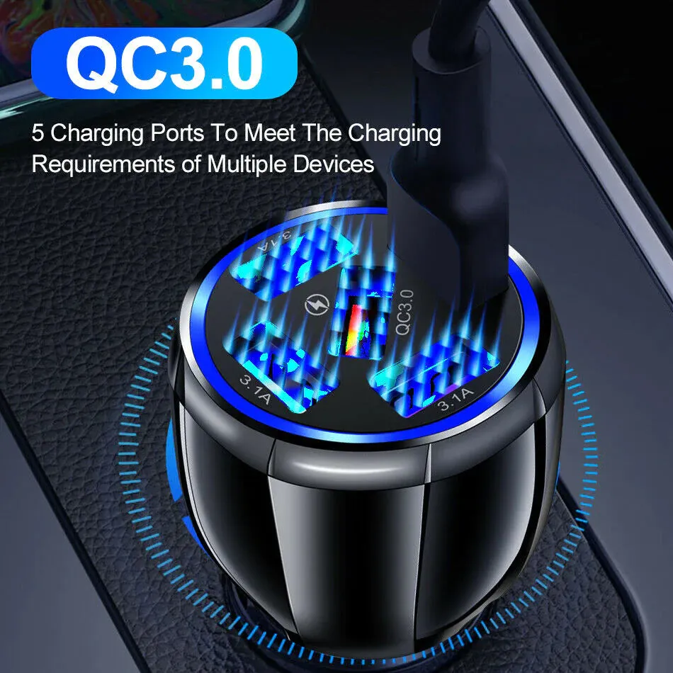 5 Port USB Fast Car Charger with LED Display