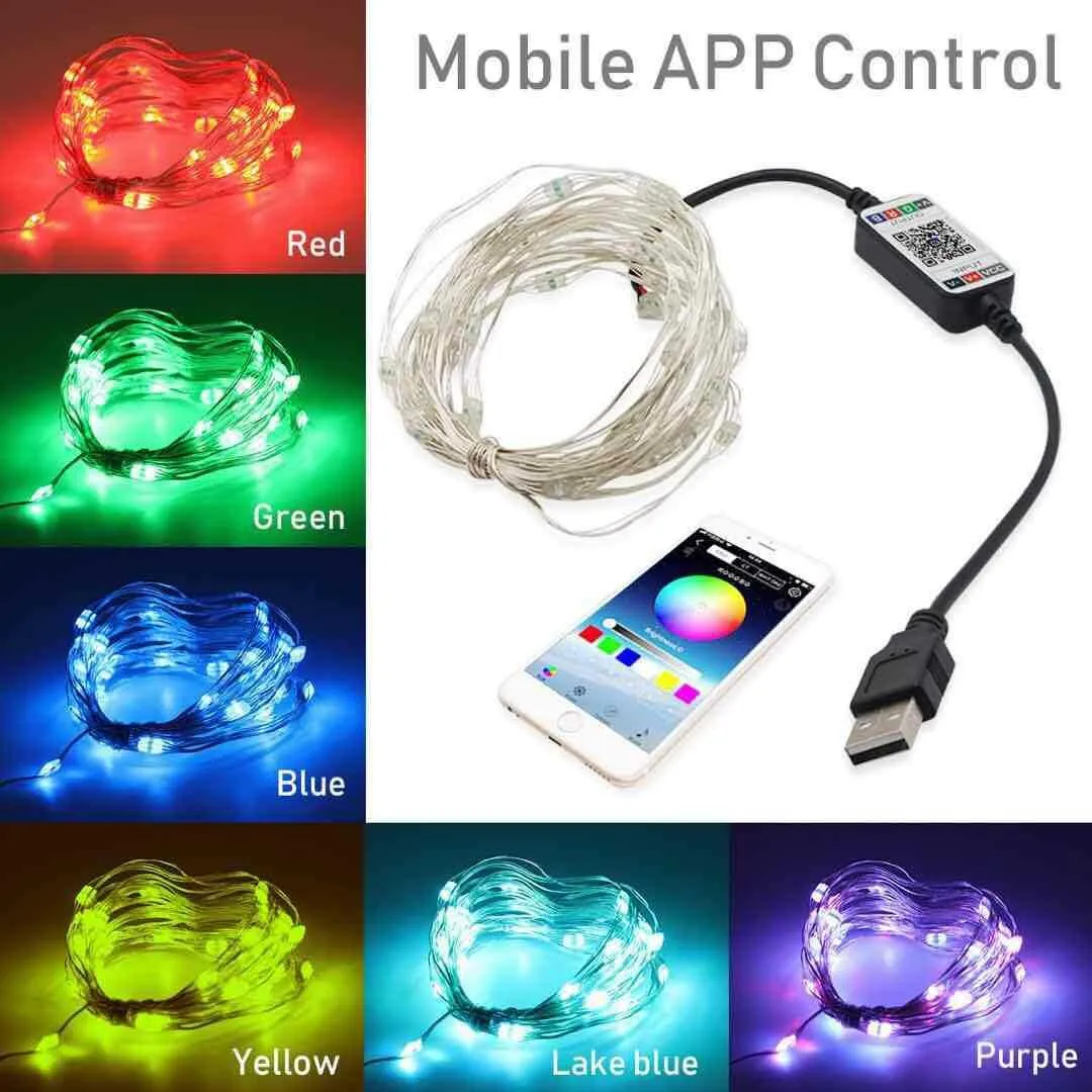 5m/ 10m LED Light String Copper Line USB Bluetooth APP Control RGB Colorful Sync With Music Rhythm