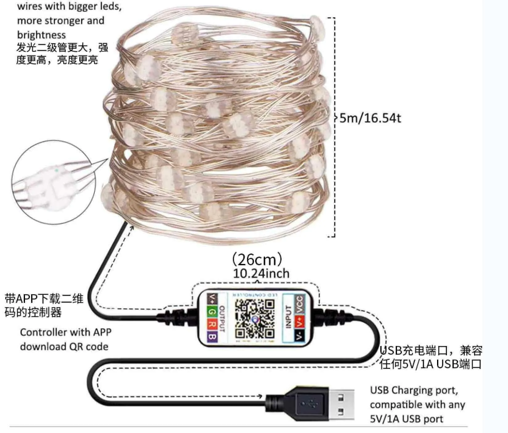 5m/ 10m LED Light String Copper Line USB Bluetooth APP Control RGB Colorful Sync With Music Rhythm