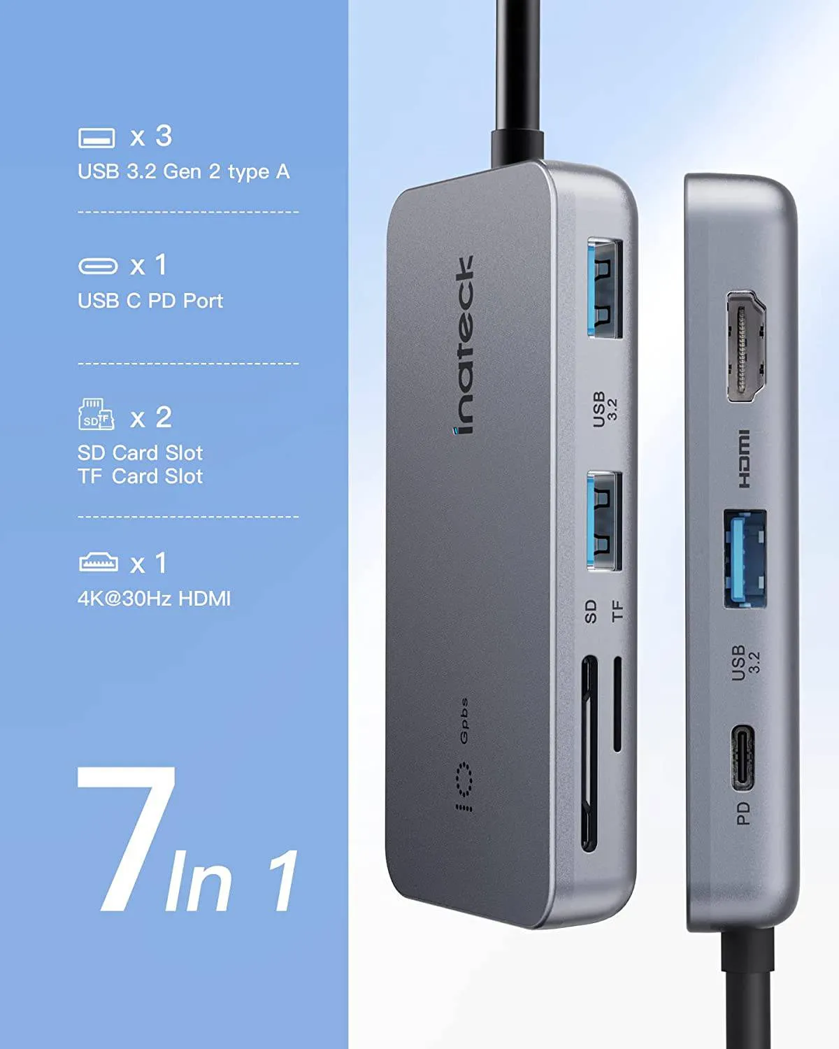 7-in-1 USB 3.2 Gen 2 Hub with HDMI Port, SD/TF Card Slot, HB2027