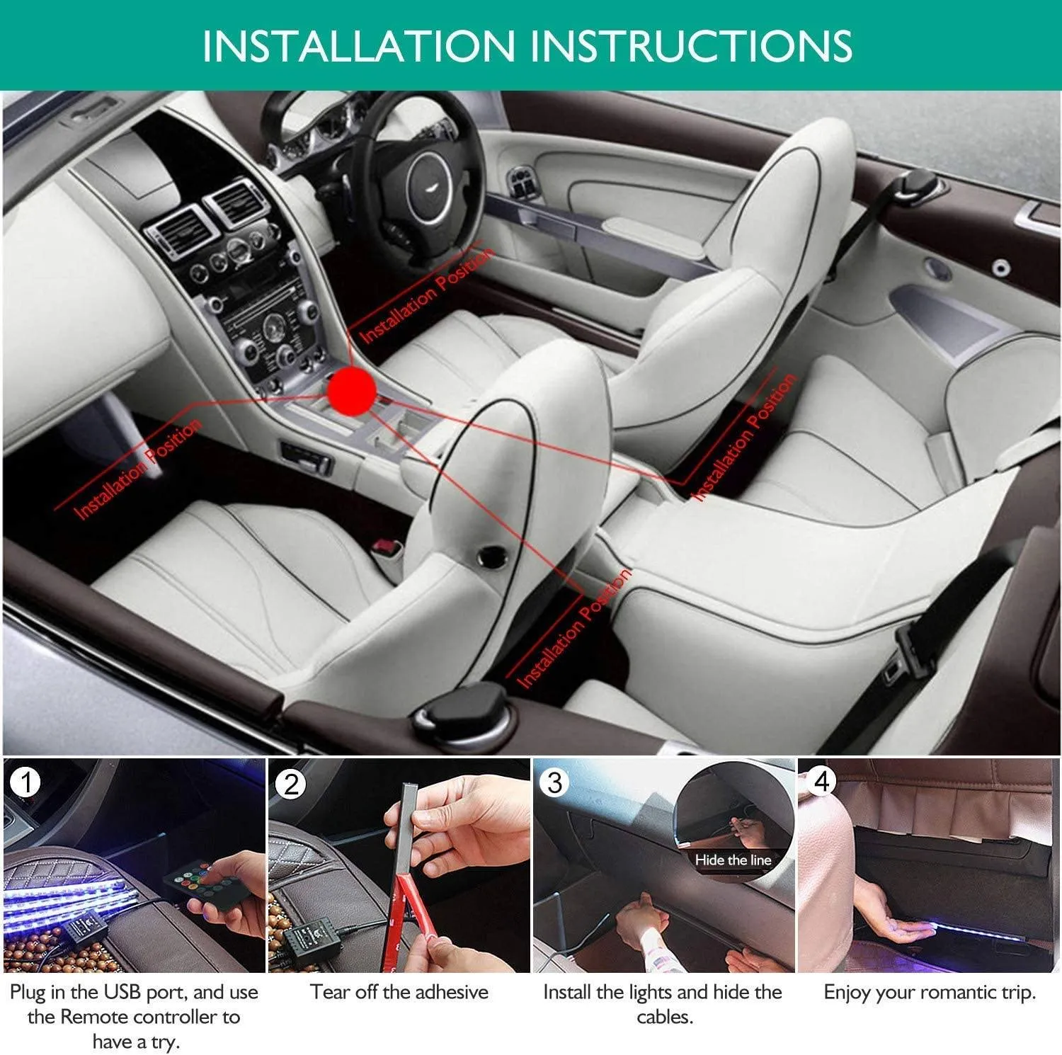 Car LED Strip Lights with Sound Active Function and Remote Controller