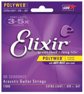 Elixir Strings 11000 Polyweb 80/20 Bronze Extra Light Acoustic Strings .010-.047