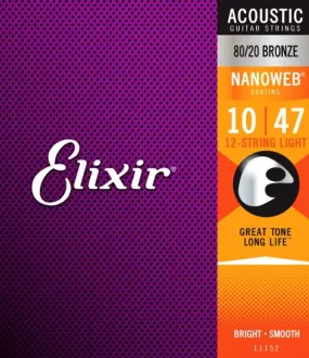 Elixir Strings Nanoweb 80/20 Acoustic Guitar Strings .010-.047 Light 12-String