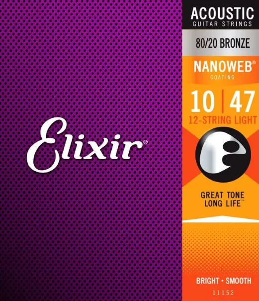 Elixir Strings Nanoweb 80/20 Acoustic Guitar Strings .010-.047 Light 12-String