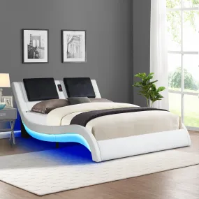 Faux Leather Upholstered Platform Bed Frame with led lighting ,Bluetooth connection to play music  control，Backrest vibration massage，Curve Design, Wood Slat Support, No Box Spring Needed,King