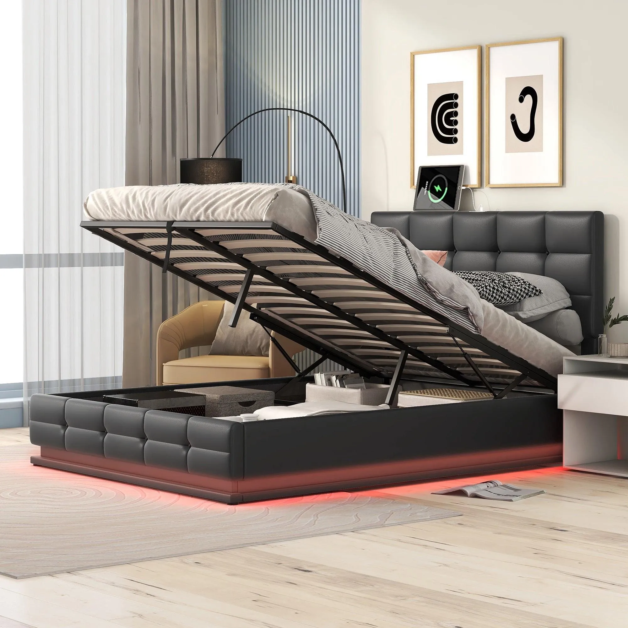 Full Size Tufted Upholstered Platform Bed with HydraulicStorage System,PUStorage Bed with LED Lights and USB charger, Black