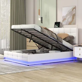 Full Size Tufted Upholstered Platform Bed with HydraulicStorage System,PUStorage Bed with LED Lights and USB charger, White