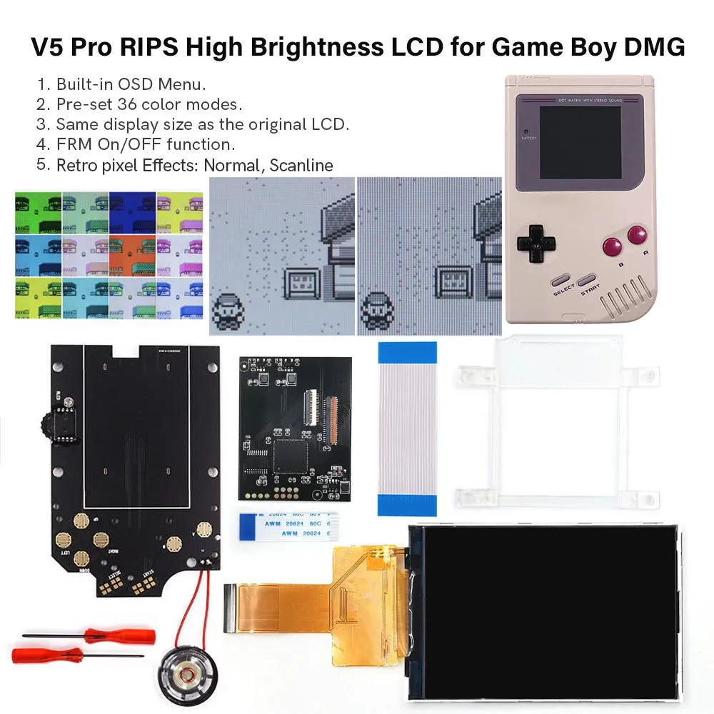Game Boy DIY IPS LCD Backlight Kit For GB DMG - V5 Pro Edition, Larger and clearer screen