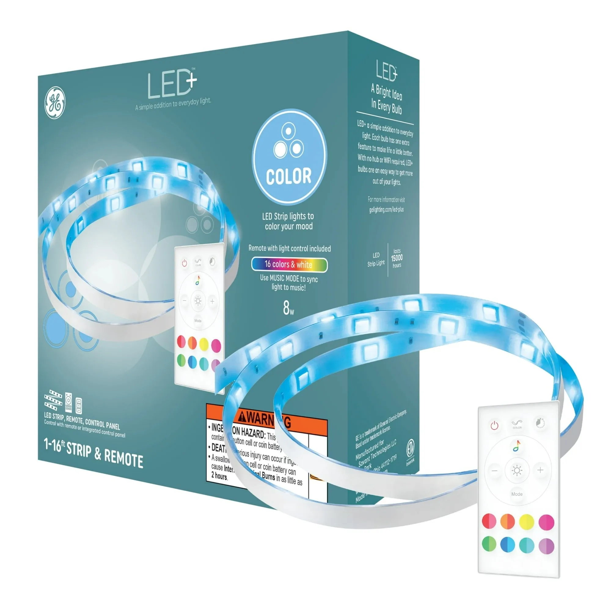 GE 93130319 LED  Color Changing LED Light Strip, 8W, Music Syncing Strip Light with Remote, 16ft