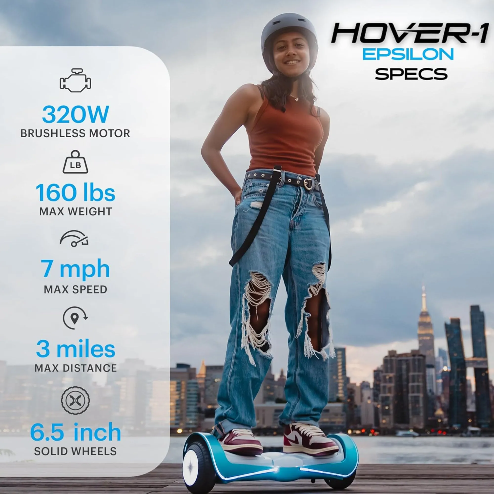 Hover-1 DSA-EPS-BLU Epsilon Electric Self-Balancing Hoverboard, 320W Dual Motor, 7 mph Max Speed, and 3 Miles Max Range