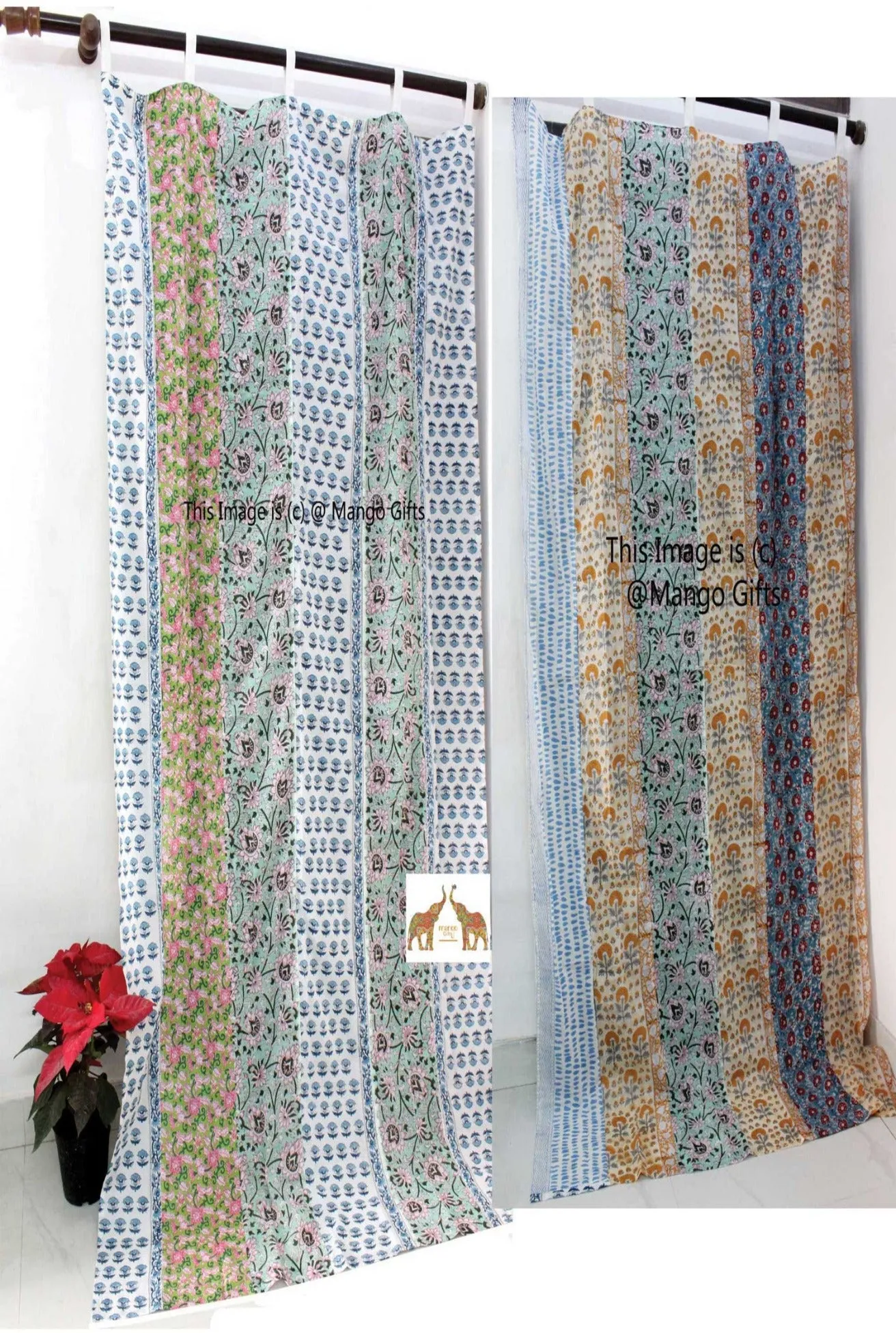 Indian Hand Block Print Patchwork Boho Curtains for Bedroom Living Room Window Panels 100%Cotton