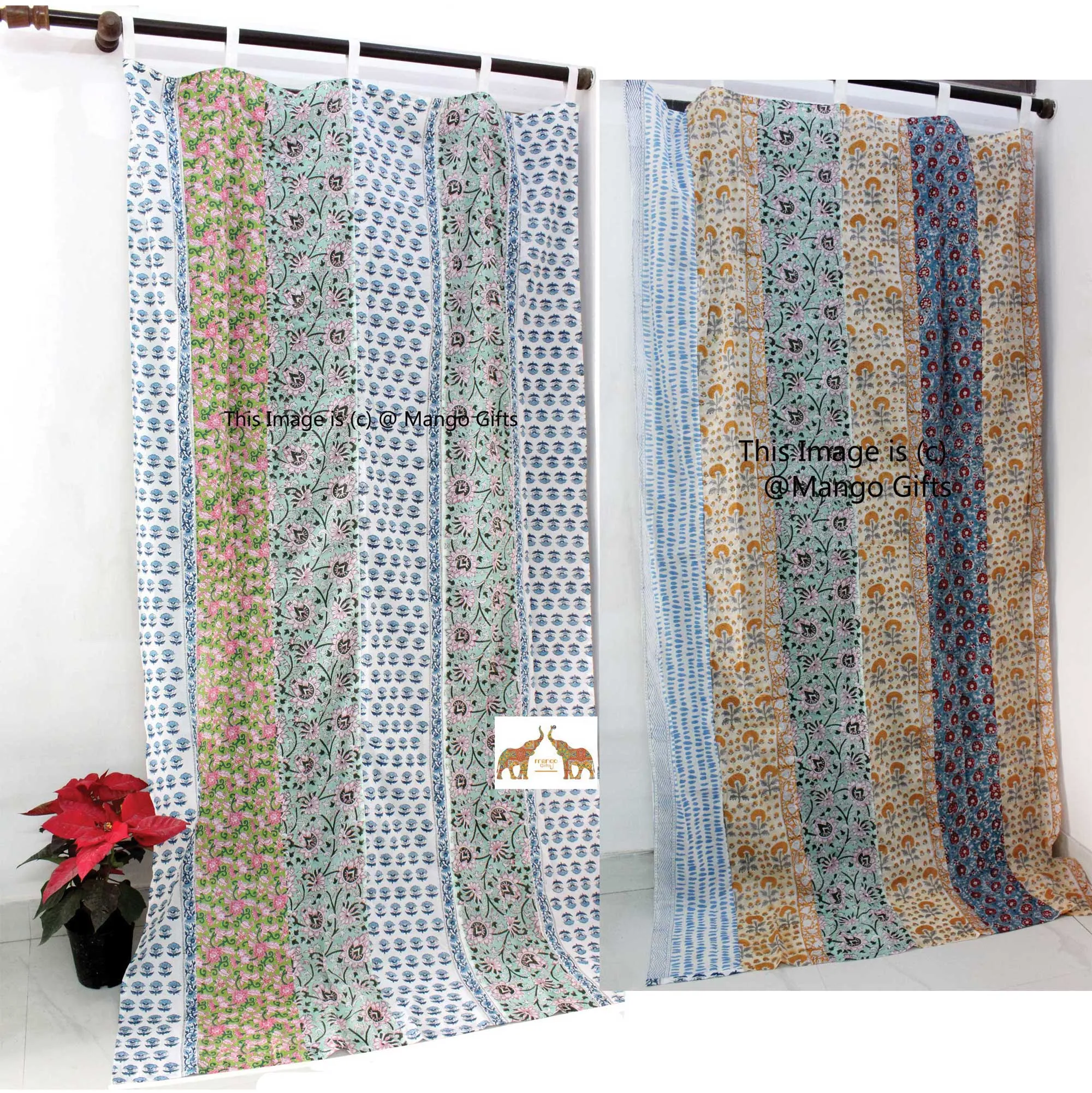 Indian Hand Block Print Patchwork Boho Curtains for Bedroom Living Room Window Panels 100%Cotton