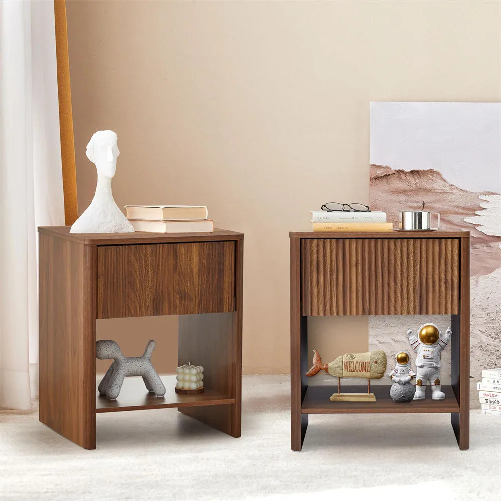 Modern Boho Wood Nightstand Set 2 with Drawer and Fluted Cabinet