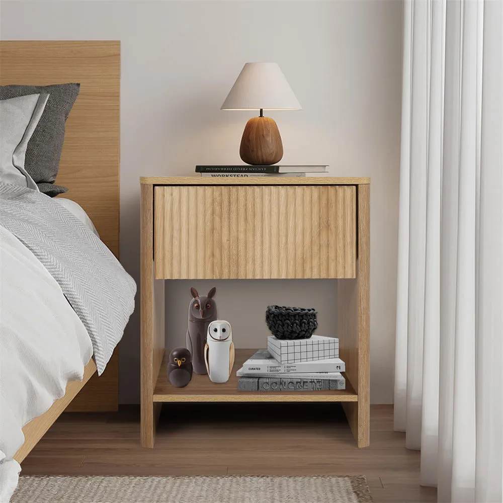 Modern Boho Wood Nightstand Set 2 with Drawer and Fluted Cabinet