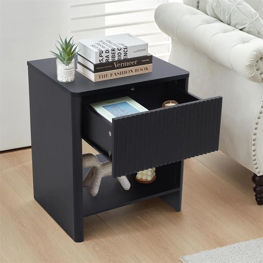 Modern Boho Wood Nightstand Set 2 with Drawer and Fluted Cabinet