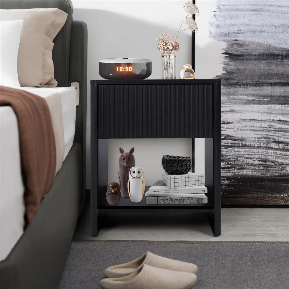Modern Boho Wood Nightstand Set 2 with Drawer and Fluted Cabinet