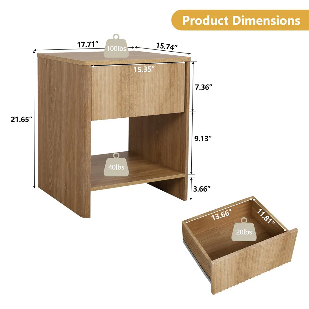 Modern Boho Wood Nightstand Set 2 with Drawer and Fluted Cabinet