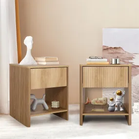 Modern Boho Wood Nightstand Set 2 with Drawer and Fluted Cabinet