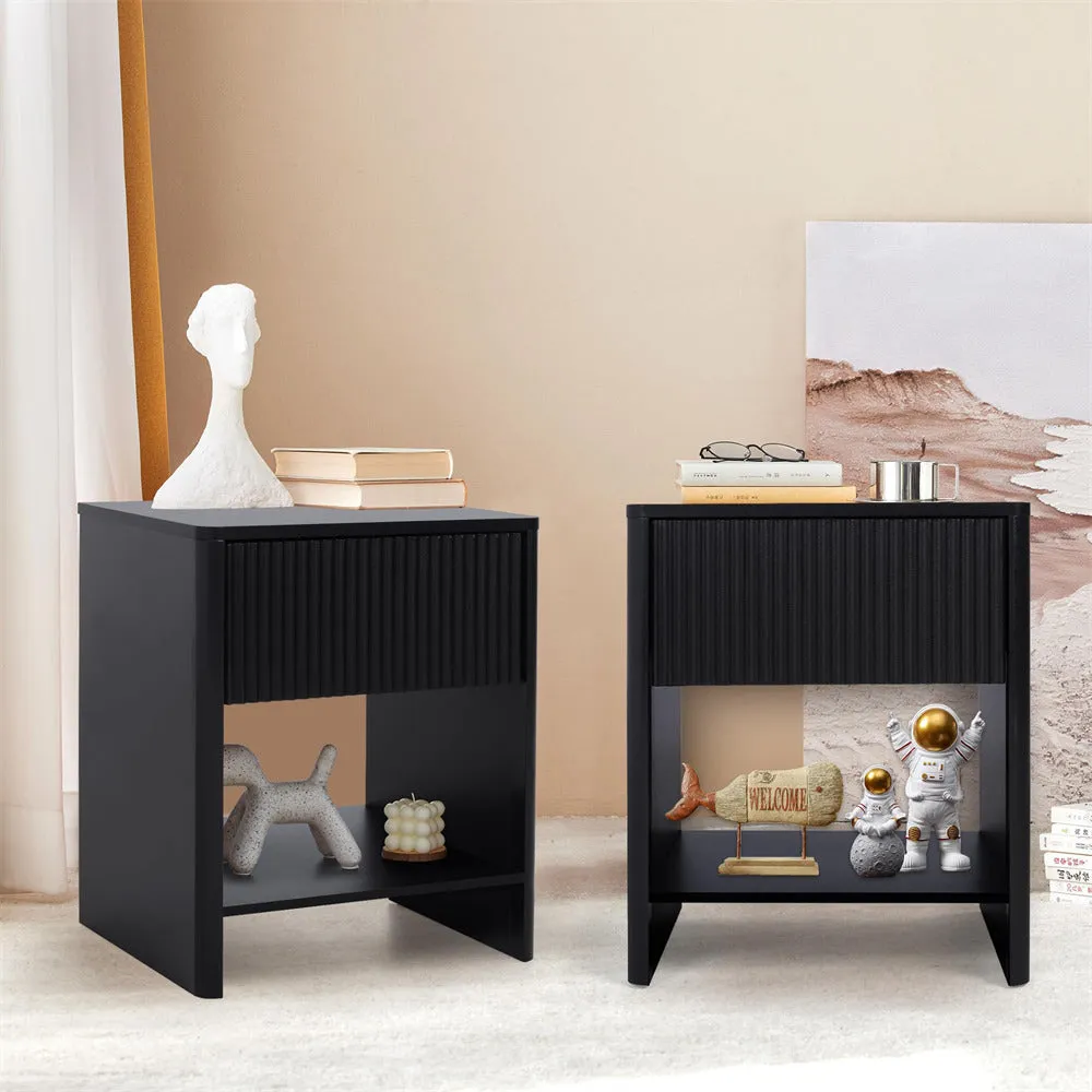 Modern Boho Wood Nightstand Set 2 with Drawer and Fluted Cabinet