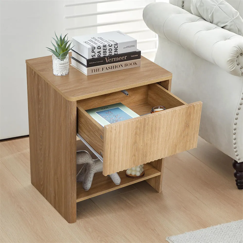 Modern Boho Wood Nightstand Set 2 with Drawer and Fluted Cabinet