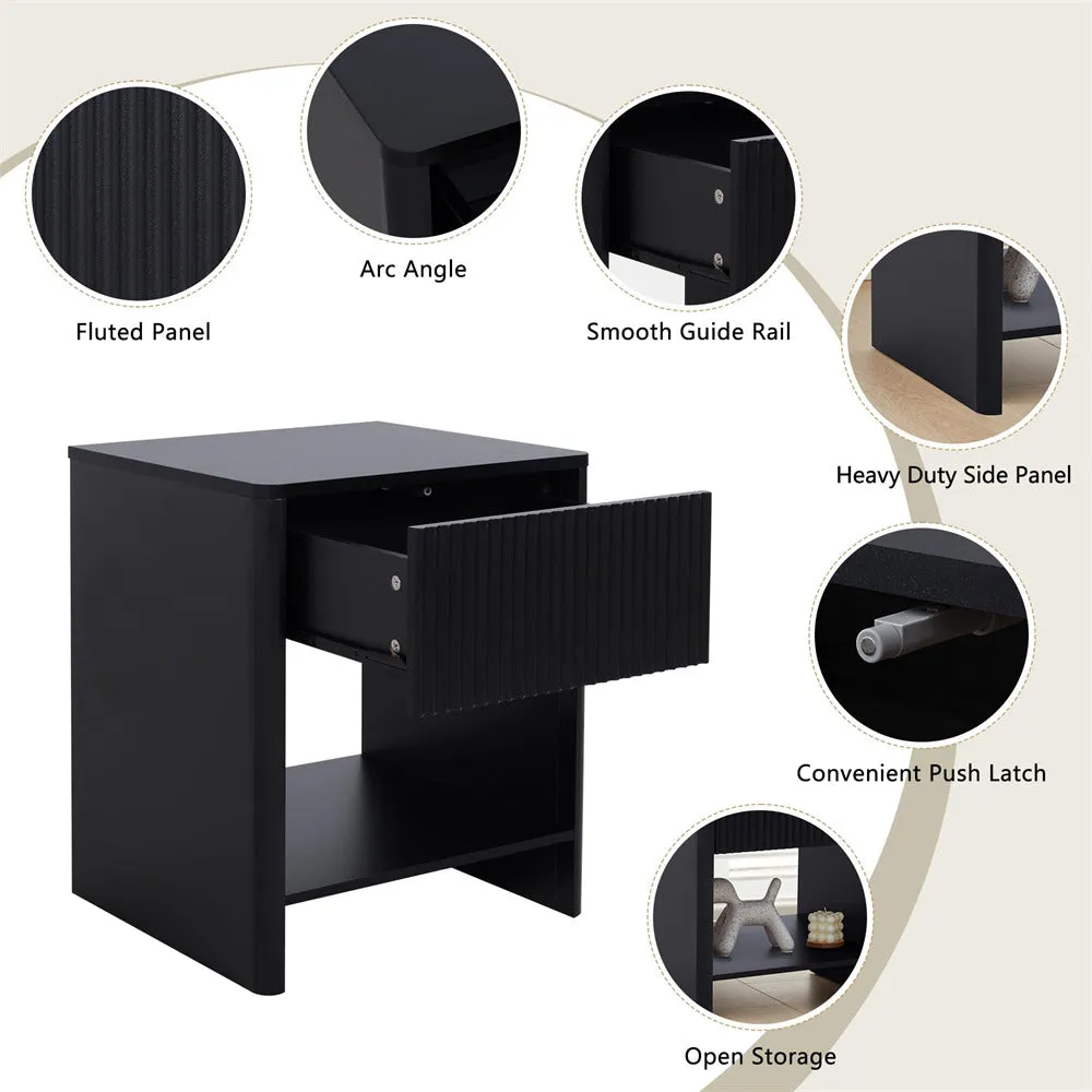 Modern Boho Wood Nightstand Set 2 with Drawer and Fluted Cabinet