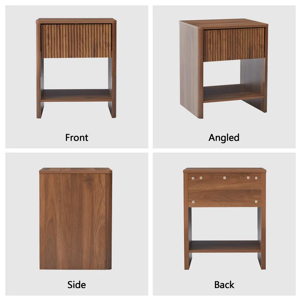 Modern Boho Wood Nightstand Set 2 with Drawer and Fluted Cabinet