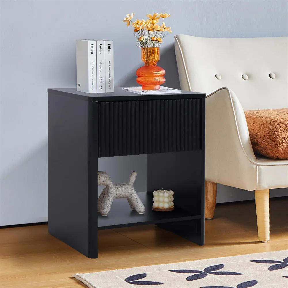 Modern Boho Wood Nightstand Set 2 with Drawer and Fluted Cabinet