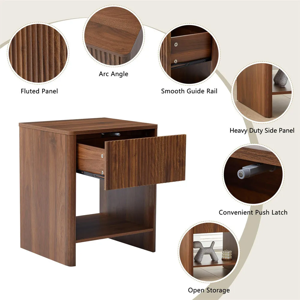 Modern Boho Wood Nightstand Set 2 with Drawer and Fluted Cabinet