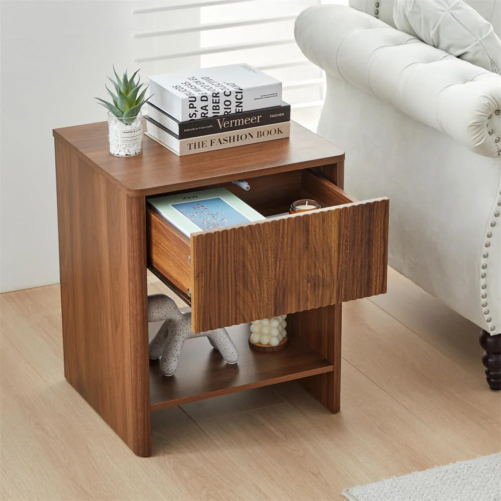 Modern Boho Wood Nightstand Set 2 with Drawer and Fluted Cabinet
