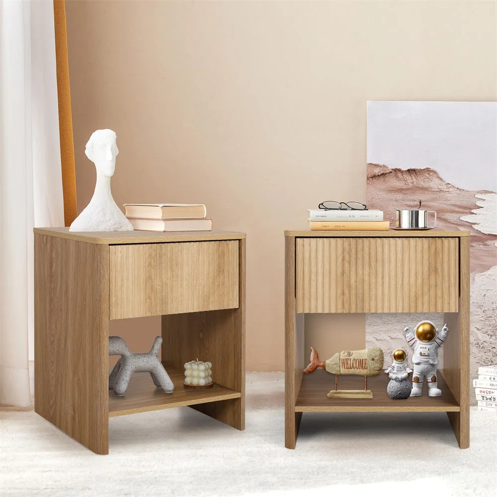 Modern Boho Wood Nightstand Set 2 with Drawer and Fluted Cabinet
