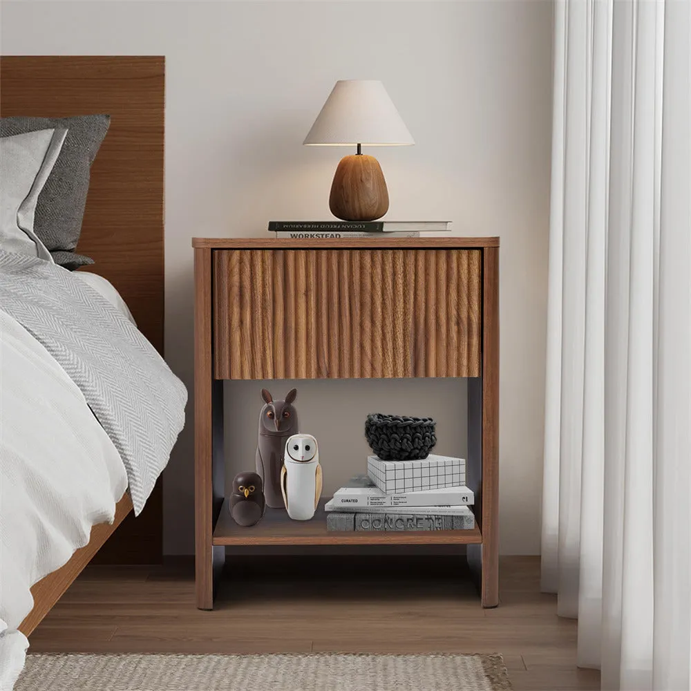 Modern Boho Wood Nightstand Set 2 with Drawer and Fluted Cabinet
