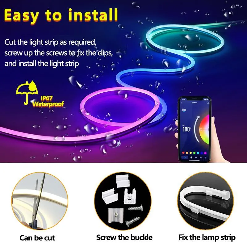 Neon LED Strip Light,RGB IC LED Flexible Rope Light with Remote & APP & Voice Control, IP65 Waterproof, Indoors Outdoors Decor