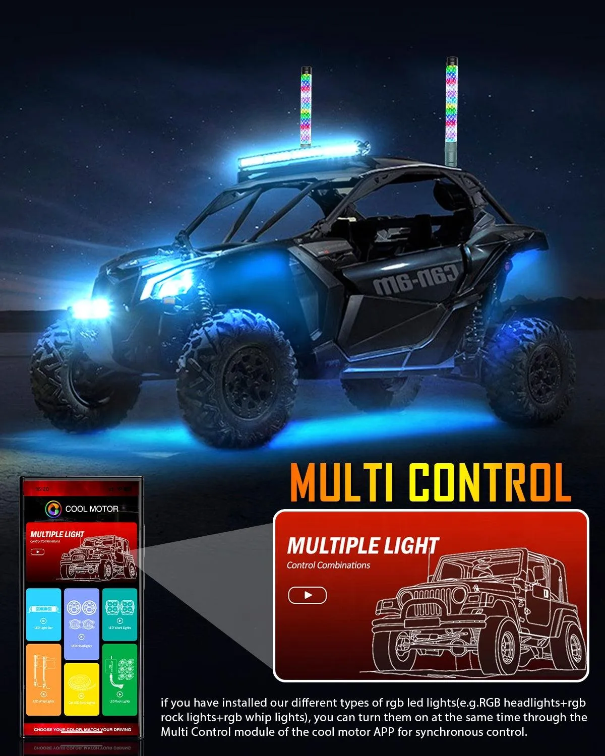 New 1.9FT LED RGB Whip Lights with Turn Signal & Brake Light, Bluetooth APP/ Remote Control